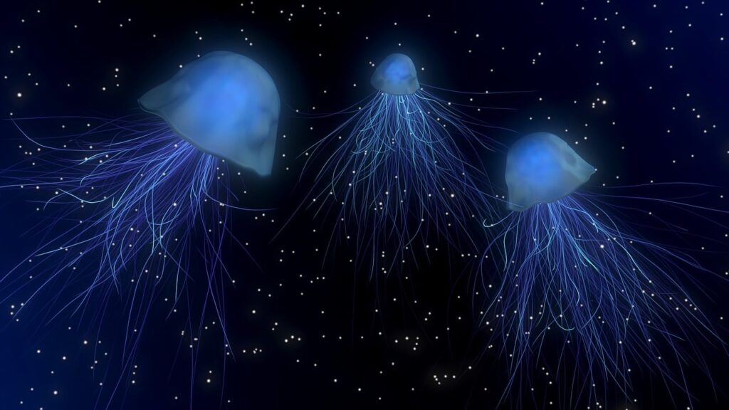Meduse bioluminescenti blu che fluttuano su sfondo stellato