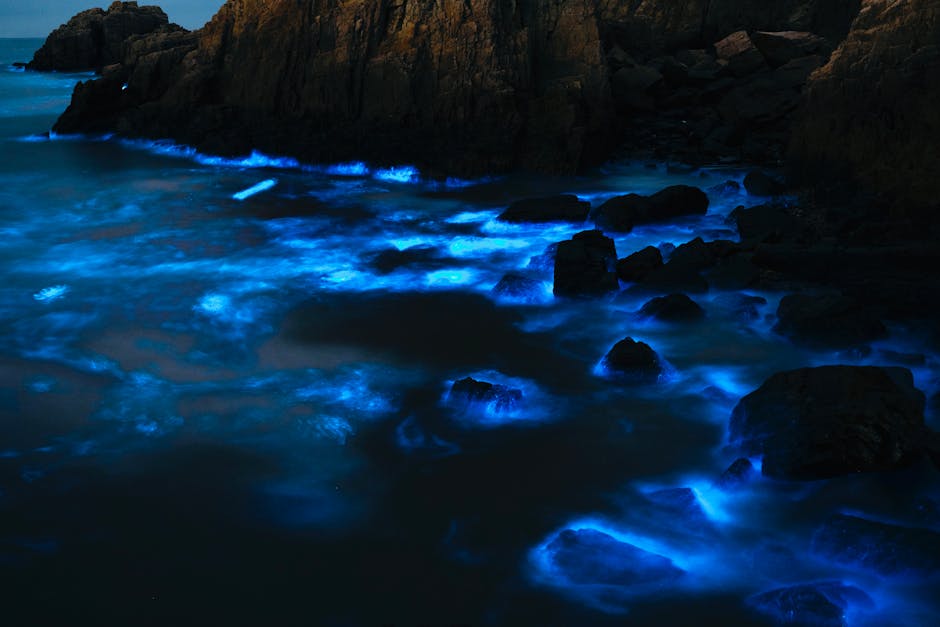 Bioluminescencja morskiej piany wokół skał przybrzeżnych Wysp Eolskich