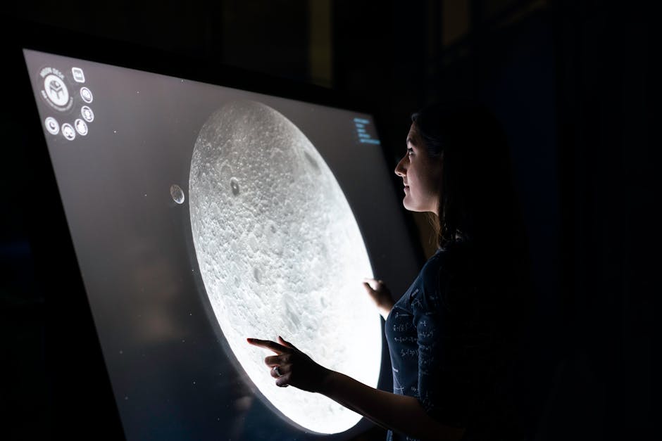 Visiteur observant une projection lunaire interactive dans un musée