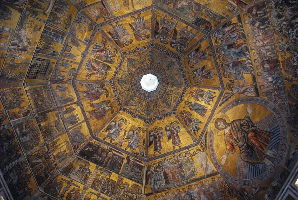 Plafond octogonal doré du baptistère de Ravenne, scènes bibliques détaillées