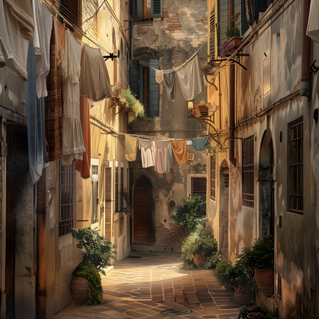 Ruelle ensoleillée avec linge suspendu et pots de fleurs à Ravenne.
