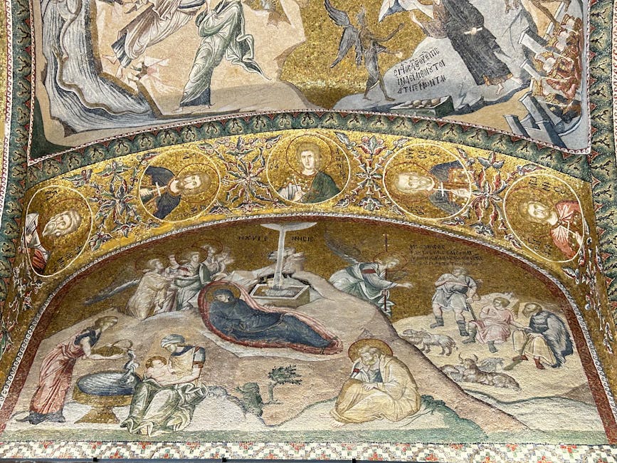 Biblische Mosaikszene mit Heiligenmedaillons und Goldgrund in Ravenna