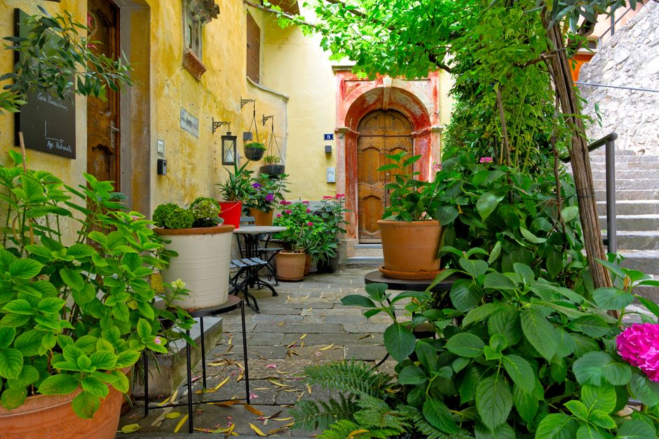 Blumenreicher Innenhof mit Terrakotta-Töpfen und alter Holztür in Ravenna