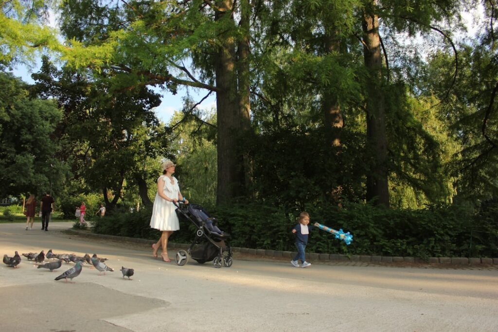 Mère poussant une poussette, enfant tenant un jouet, pigeons sur l'allée