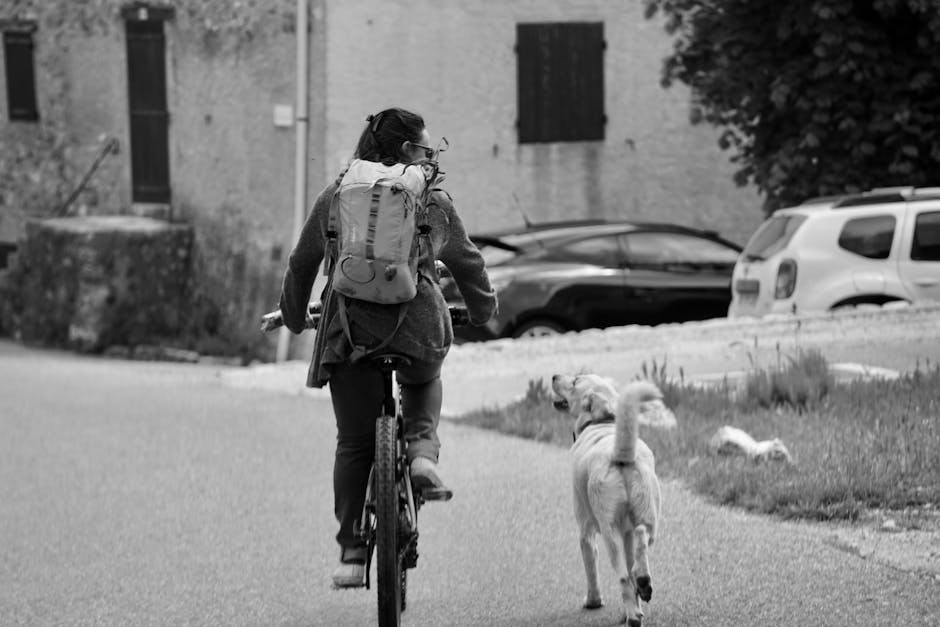 Woman cycling through Modena street with her dog running alongside