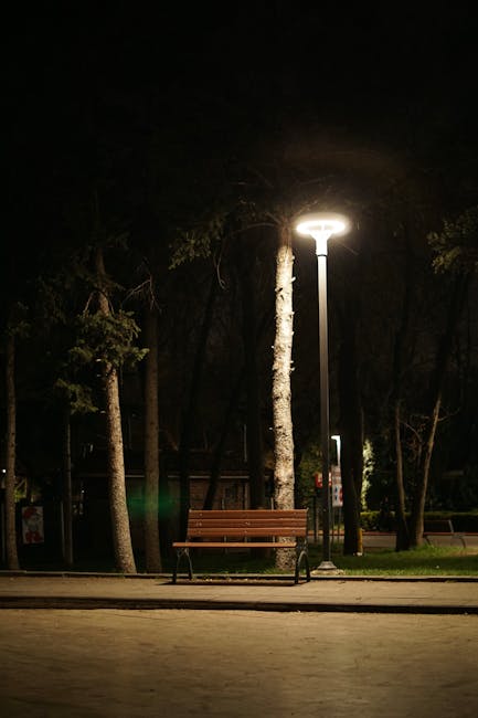 Empty bench illuminated by lamppost in Modena park at night