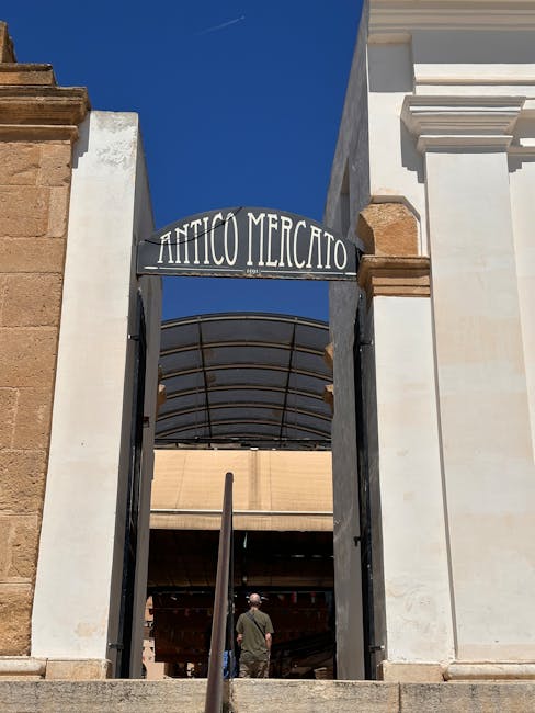 Stone entrance arch reading 'Antico Mercato' leading into Modena market.