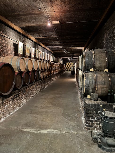 Traditional barrel cellar lined with wooden barrels in Modena acetaia.