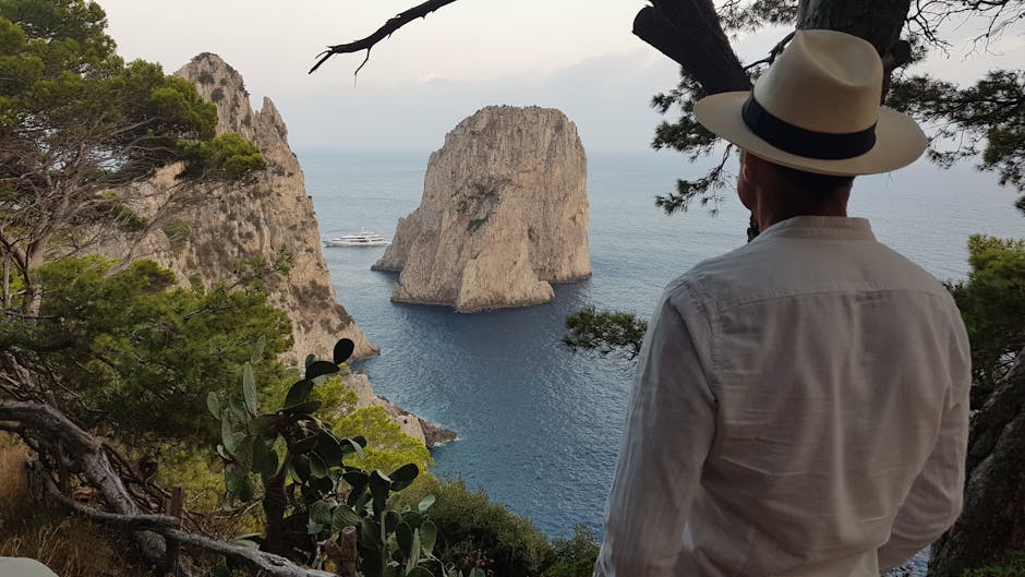 Persona con cappello guarda i Faraglioni di Capri tra pini