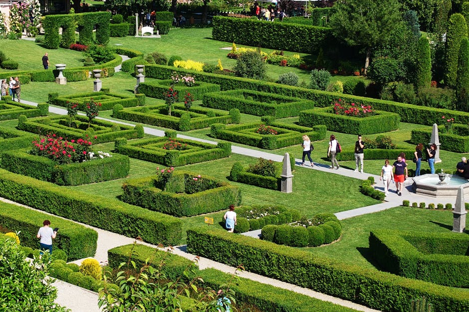 Giardini formali di siepi geometriche con visitatori a Capri