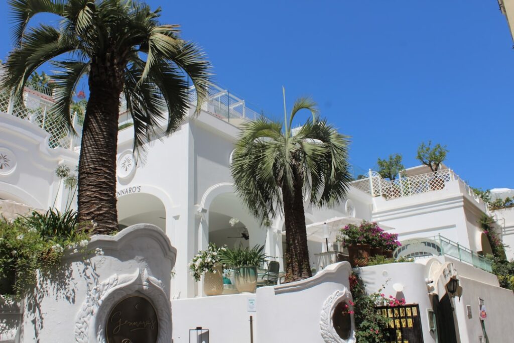 Facciata bianca con palme e terrazze fiorite nel centro di Capri