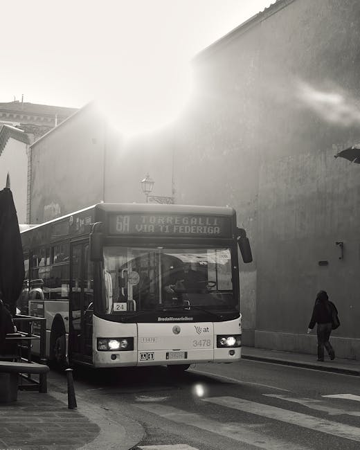 Monochrome street scene with a city bus pulling into a sunny urban stop