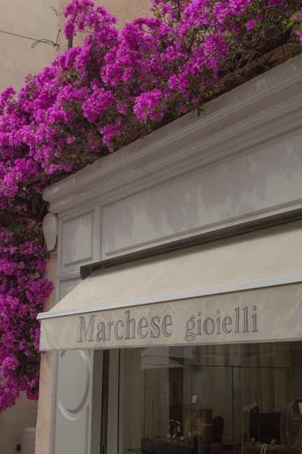 Schmuckgeschäft Marchese gioielli mit leuchtender Bougainvillea an der Fassade in Capri