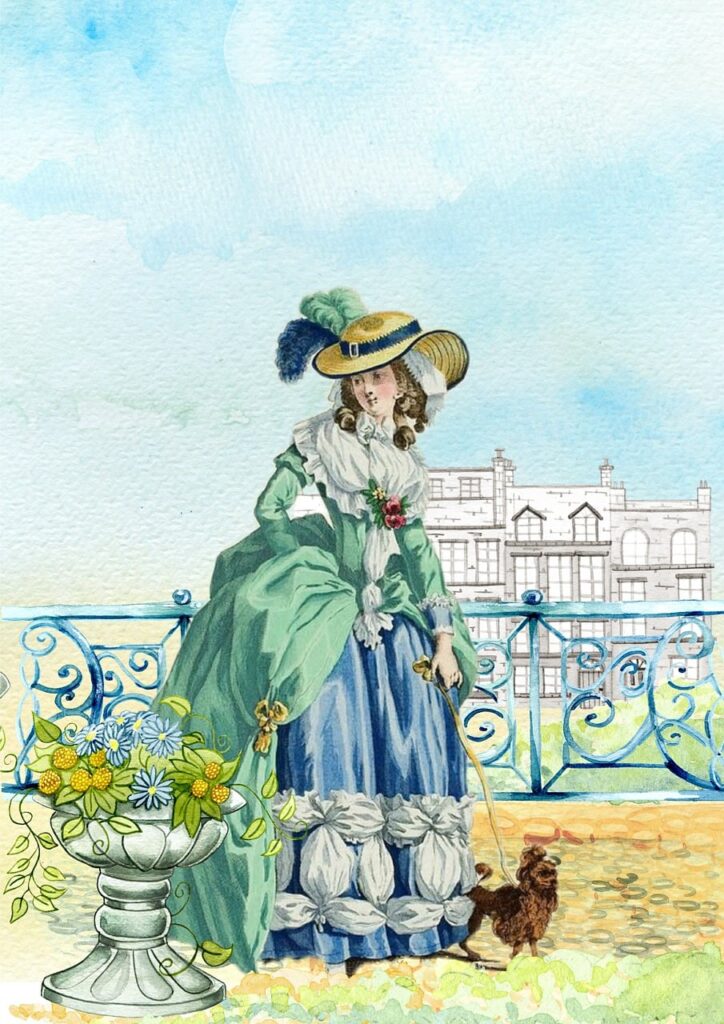 Watercolor of a woman in period dress with small dog on balcony