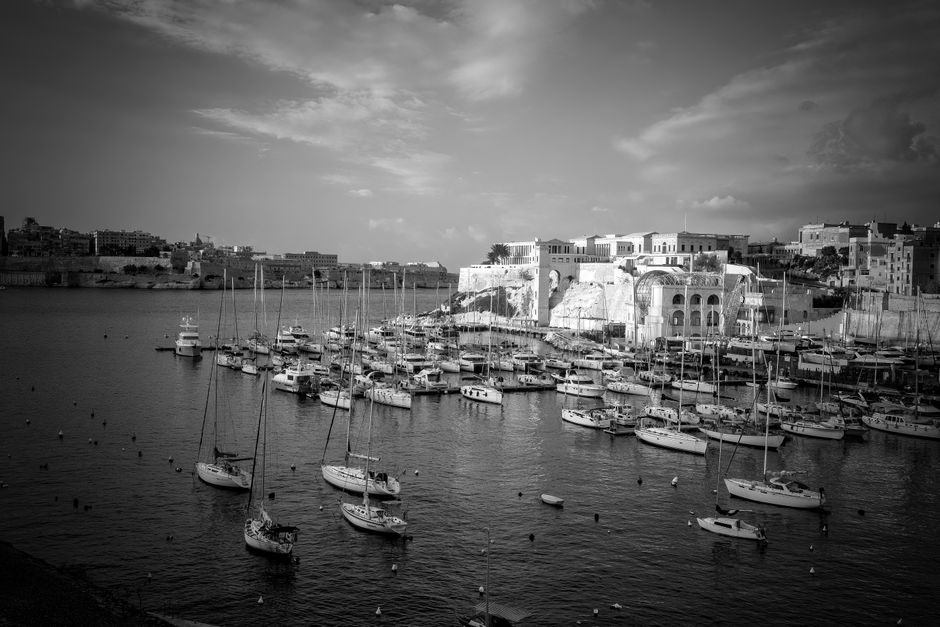 Black-and-white view of a busy marina with moored sailboats