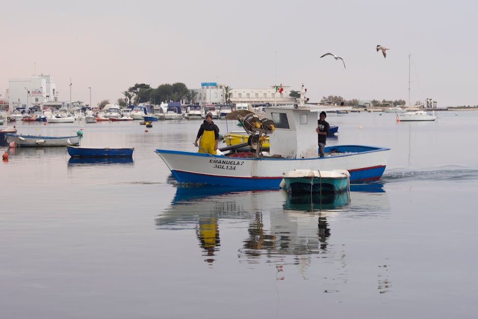 Small fishing boat Emanuela II reflected in calm harbor waters in Sicily