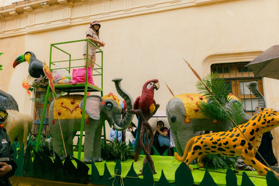 Colorful carnival float with elephants, parrot and leopard in Sicily