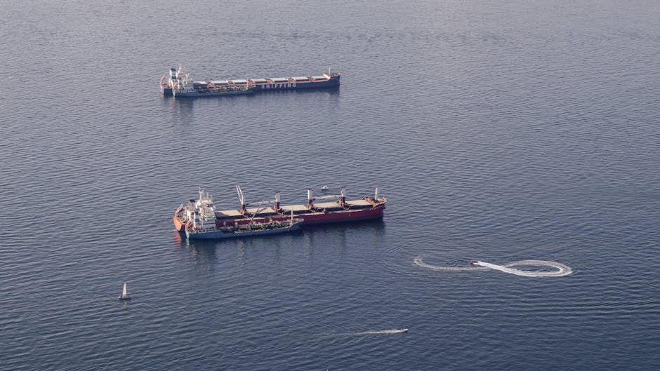 Navi cargo ancorate e motoscafo che traccia una scia circolare nel mare siciliano