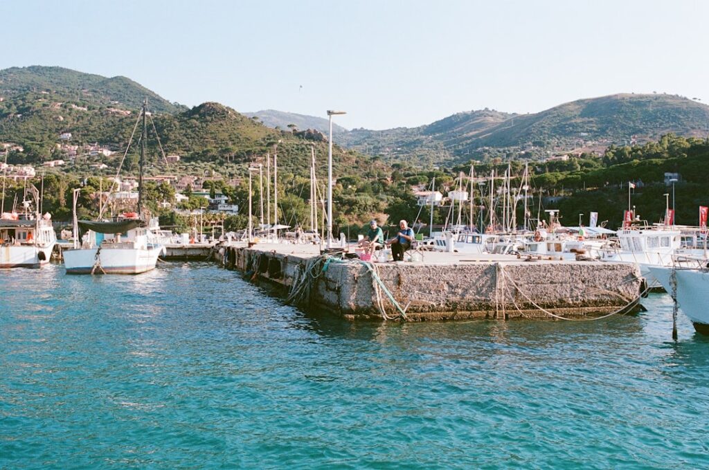 Molo con pescherecci e barche, colline verdi sullo sfondo del porto siciliano