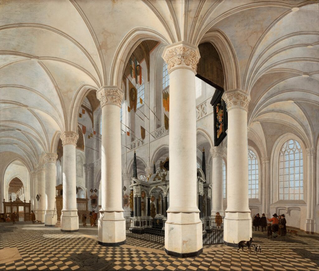 Schildering van kerkinterieur met kolommen, gewelven en ruitpatroon vloer