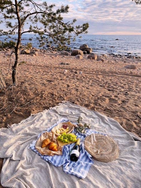 Sunset seaside picnic with Sicilian bread, cheese and wine