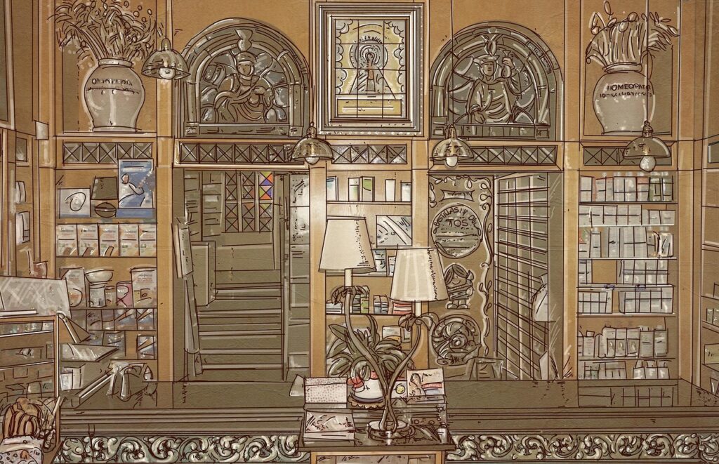Ornate interior of a historic Sicilian pharmacy with carved wooden counter