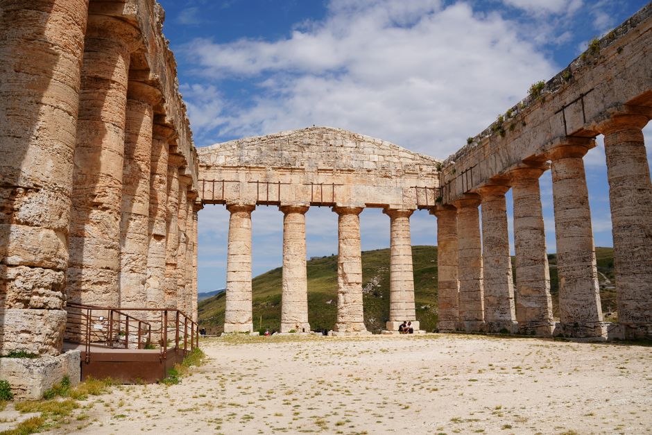 Well-preserved Doric temple columns at Segesta archaeological park in Sicily