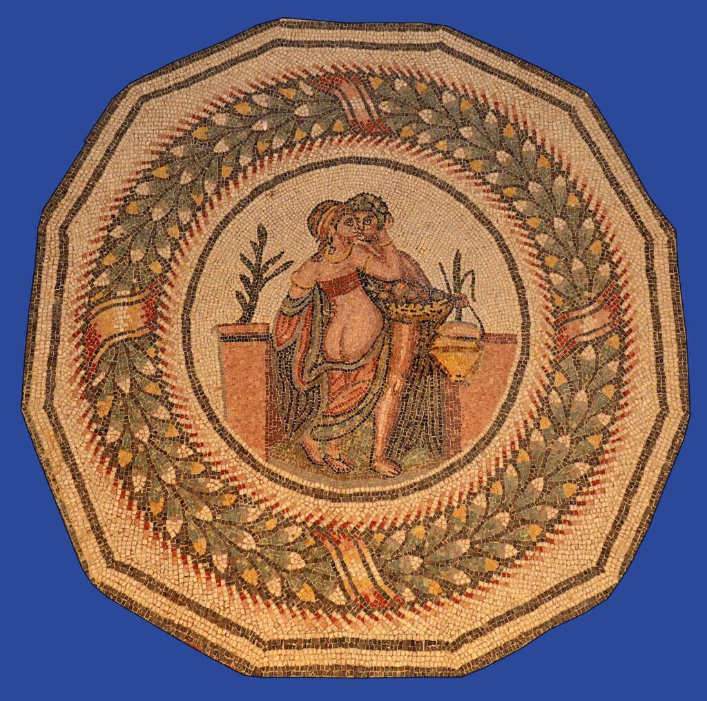 Decorative circular Roman mosaic from Sicily depicting two women with laurel wreath