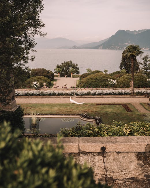 Stresa garden path at sunset with lake view
