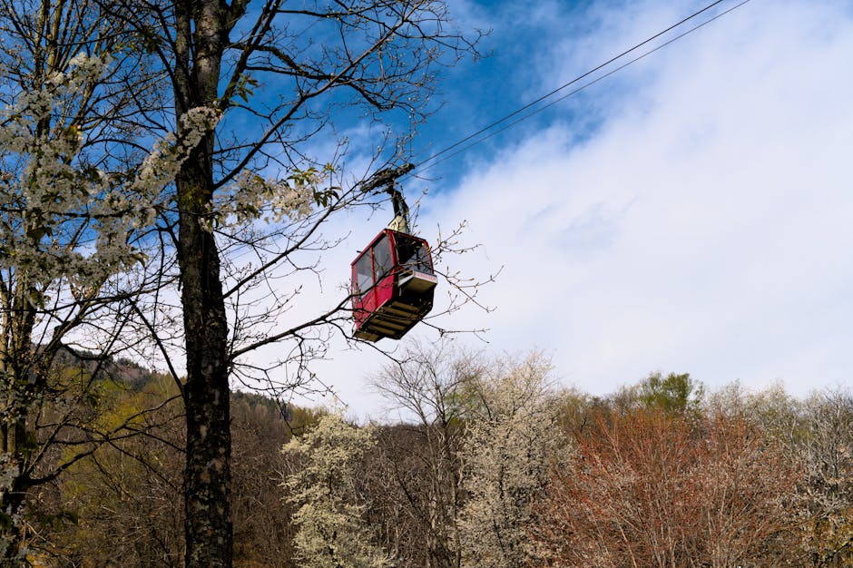 Red cable car gliding above blossoming trees near Lake Maggiore