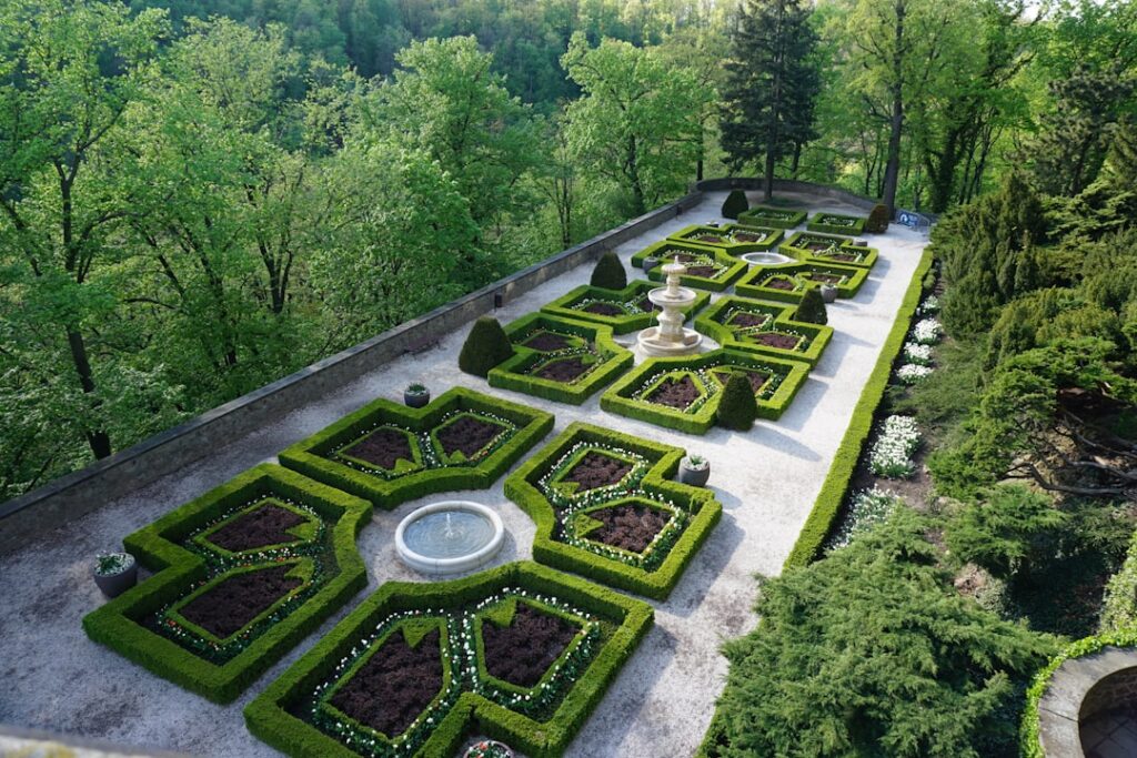 Formal geometric parterre garden with fountains on a terrace near Lac Majeur