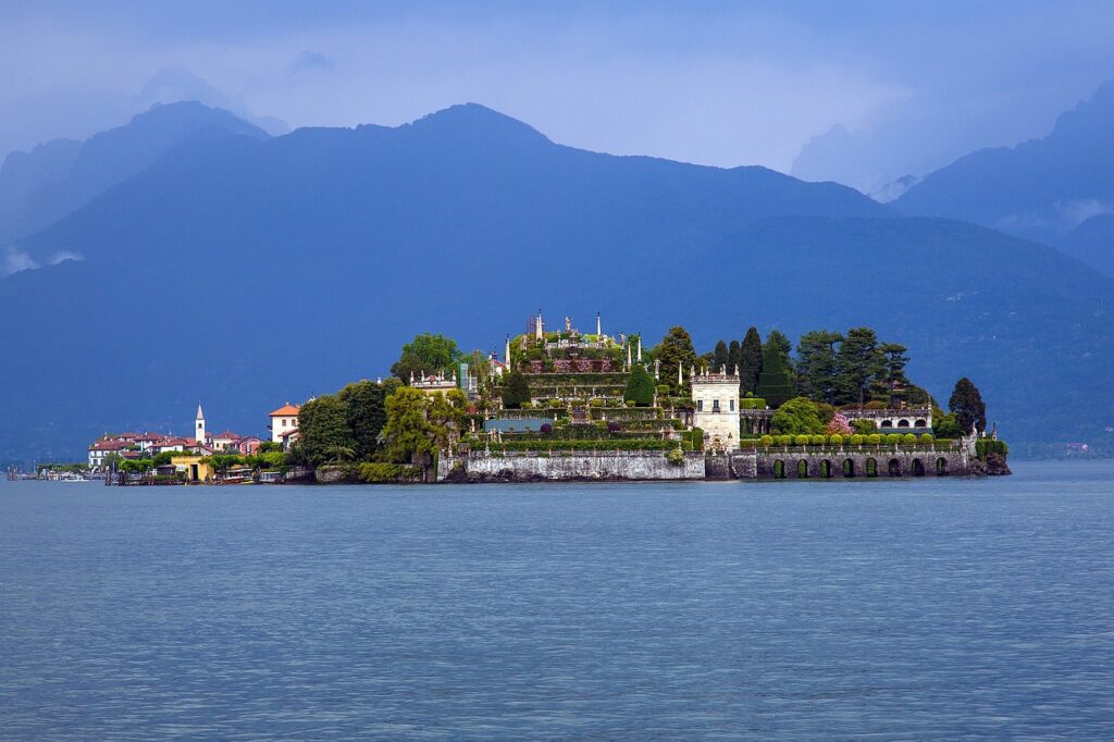 Terraced garden island with palazzo and arched waterfront on Lake Maggiore