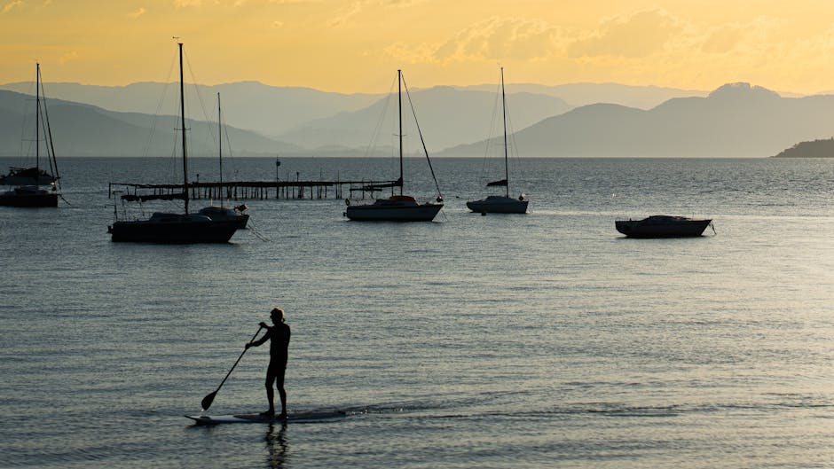 Silhouette de paddle près de bateaux, horizons montagneux du Lac Majeur