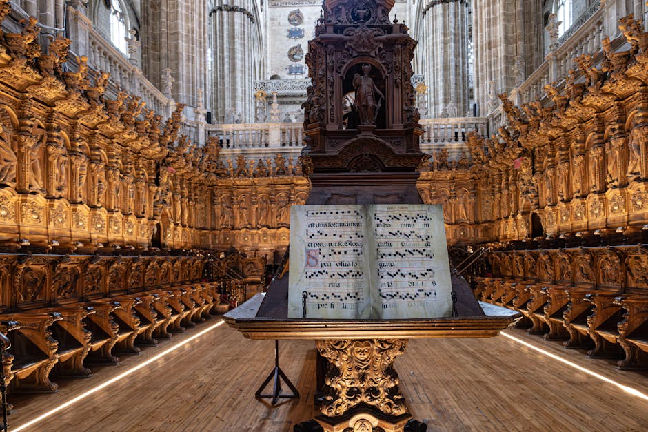 Carved wooden choir stalls and illuminated chant book in Assisi church