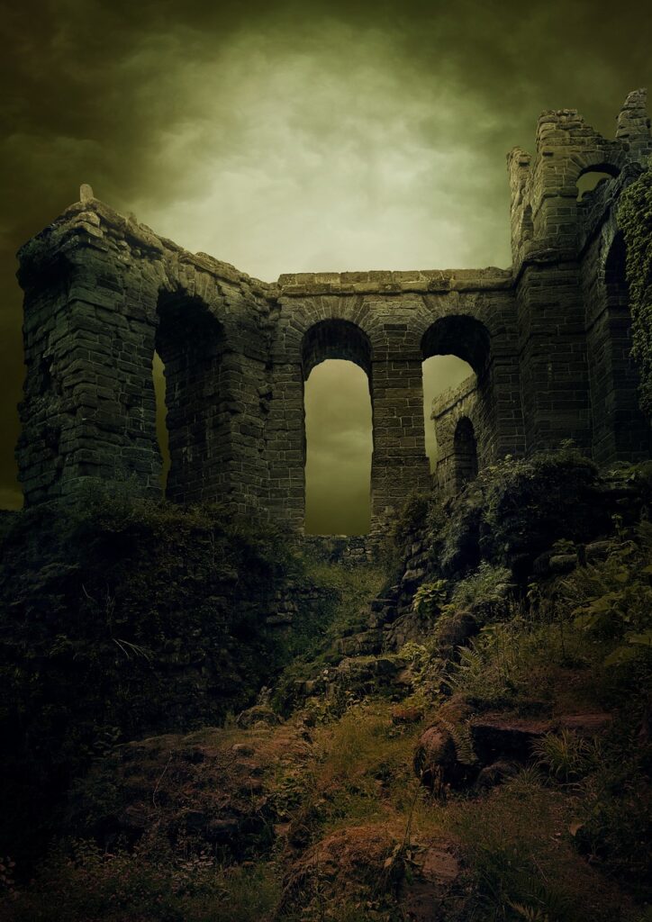 Ruines en pierre avec arcades et herbes sauvages, atmosphère sombre en Ombrie