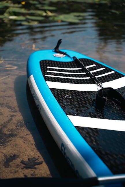 Plan rapproché d'un paddle bleu posé dans l'eau peu profonde du Trasimène