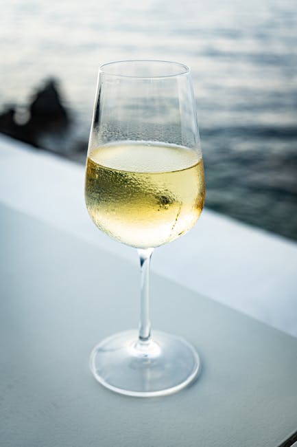 Chilled white wine in glass beside the Calabrian coastline at dusk