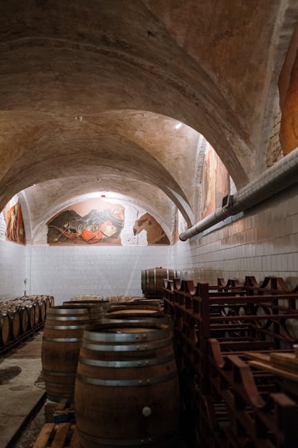 Ancienne cave voûtée avec fûts de chêne et fresques en Calabre