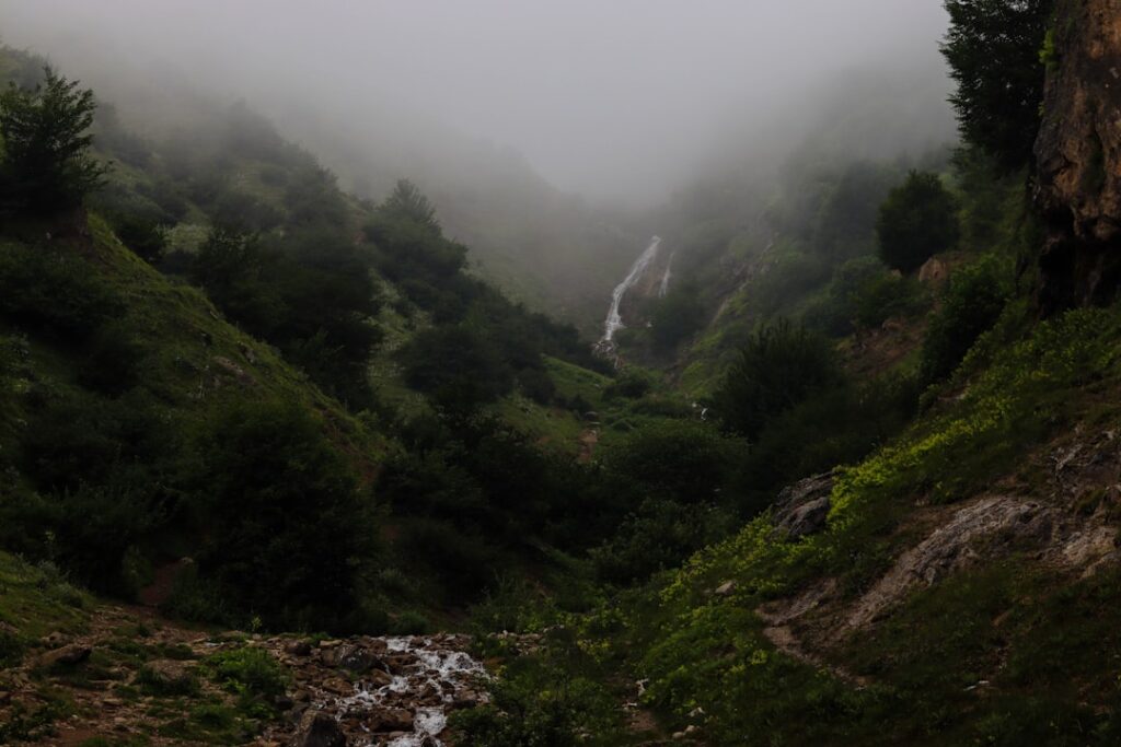 Valle nebbiosa con cascata lontana tra le colline della Sila, Calabria