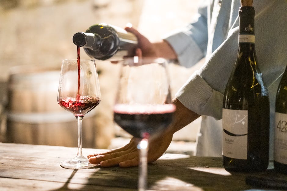Hand pouring red wine into tasting glass inside a Calabrian cellar