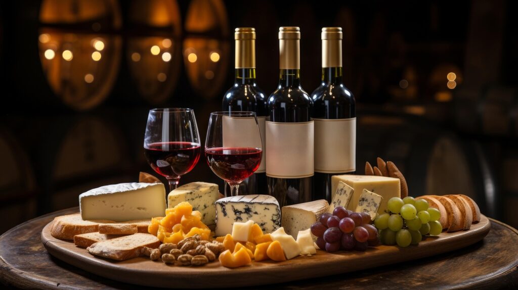 Plateau de fromages variés et trois bouteilles de vin en cave calabraise