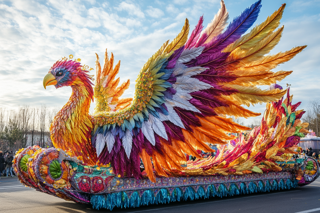Grote kleurrijke fenikswagen tijdens carnaval in Calabrië