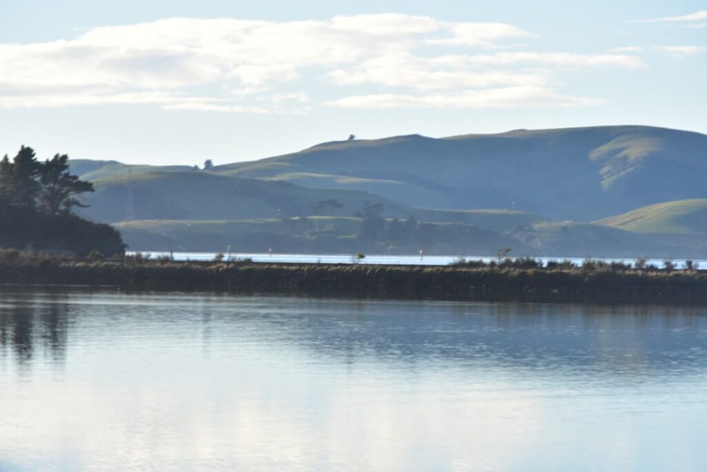 Calabria lakeshore reflecting distant rolling hills under pale sky