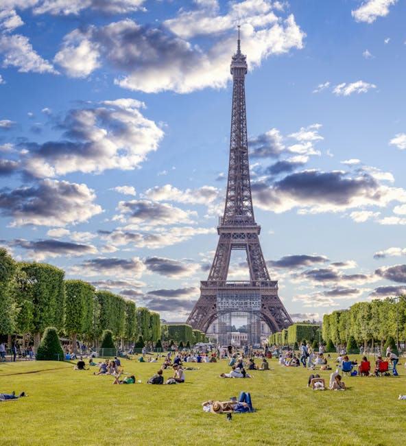 Pelouse du Champ-de-Mars remplie de visiteurs sous la tour Eiffel à Paris