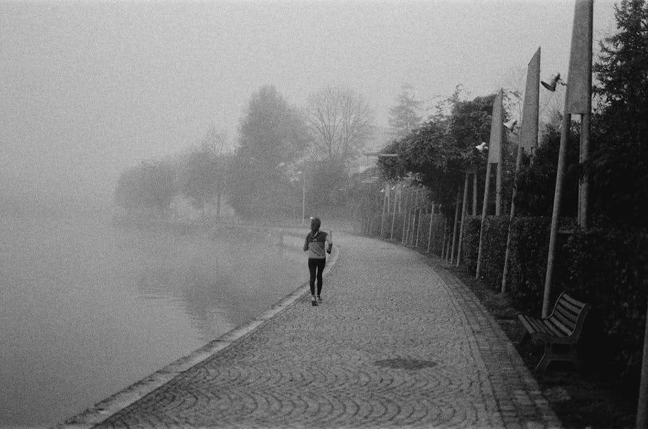 Läufer joggt am nebligen Flussuferweg entlang, Bänke und Lampen sichtbar