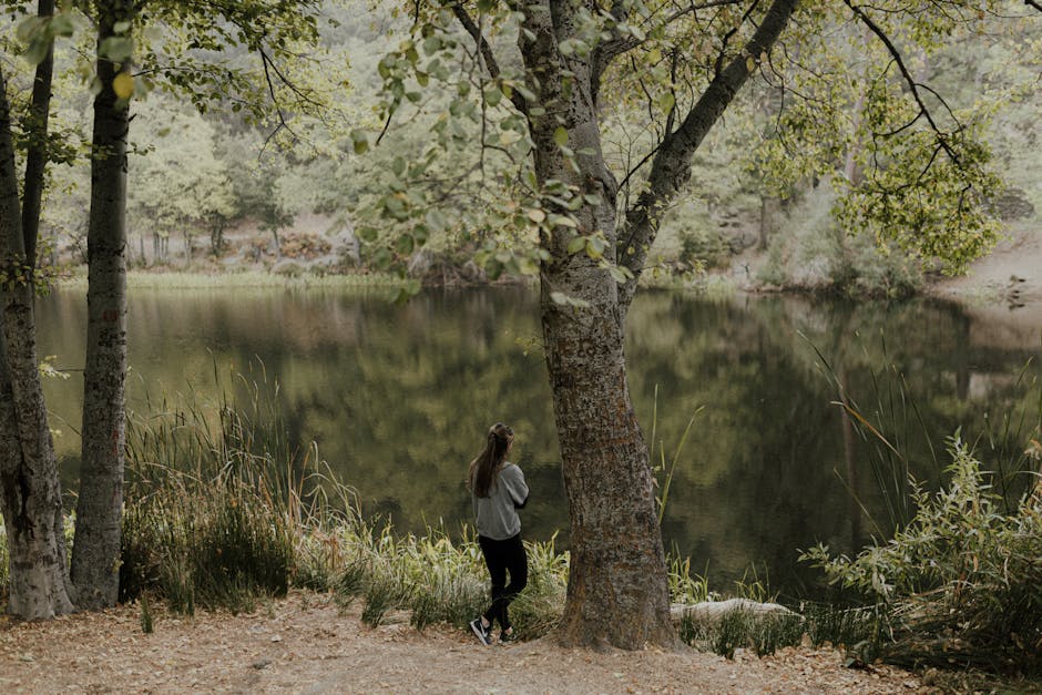 Randonneuse observant les reflets d'un lac boisé près de Trente.