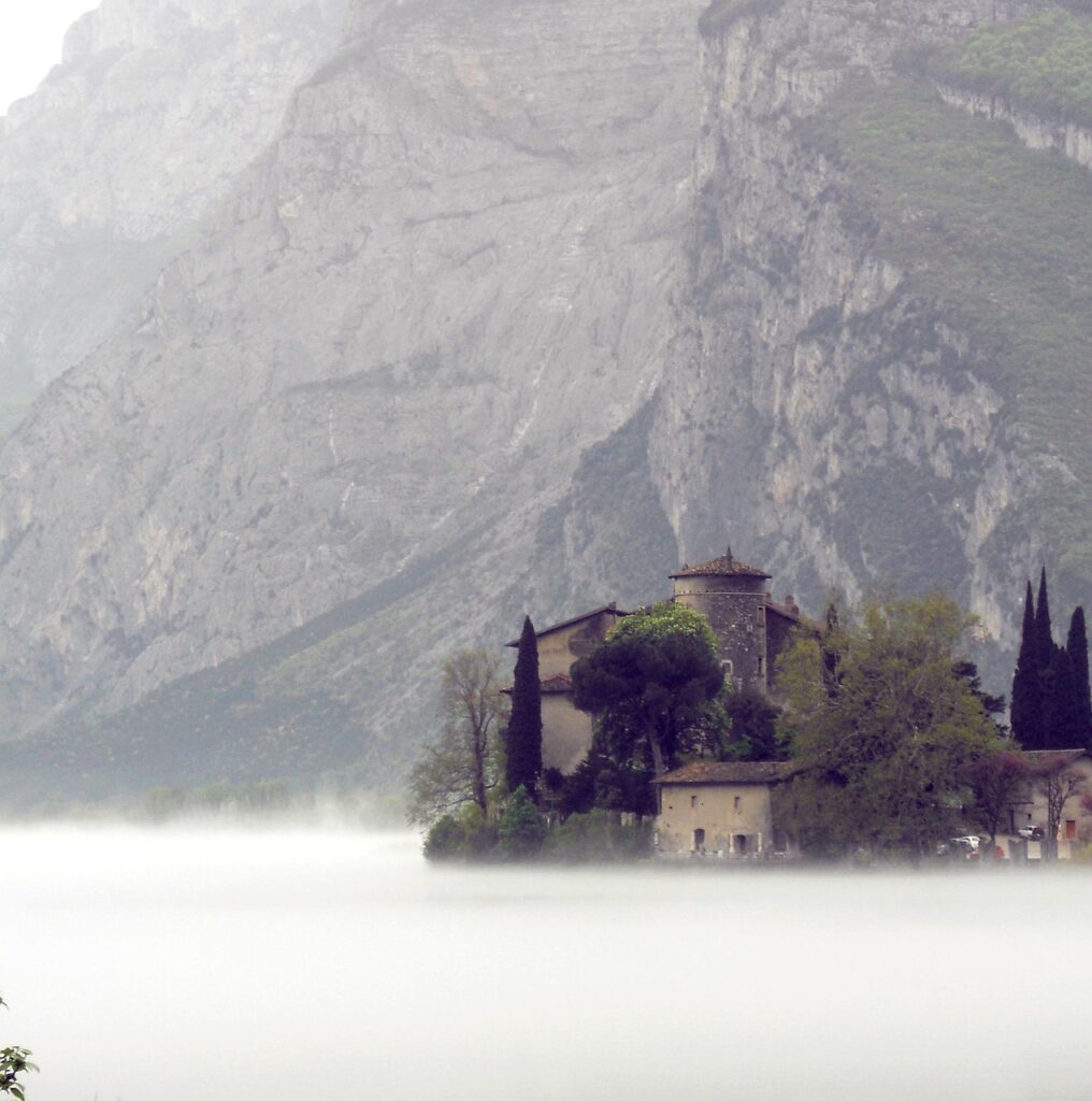 Misty lake foreground with castle and cypress trees by cliffs