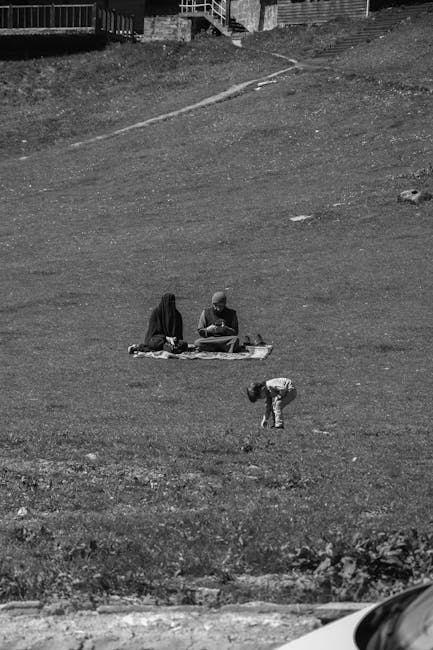 Famille assise sur une couverture pendant un pique-nique en montagne.