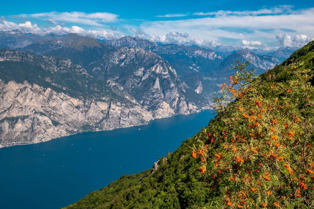 Vue sur le lac de Garde depuis les hauteurs près de Trente, baies orangées.