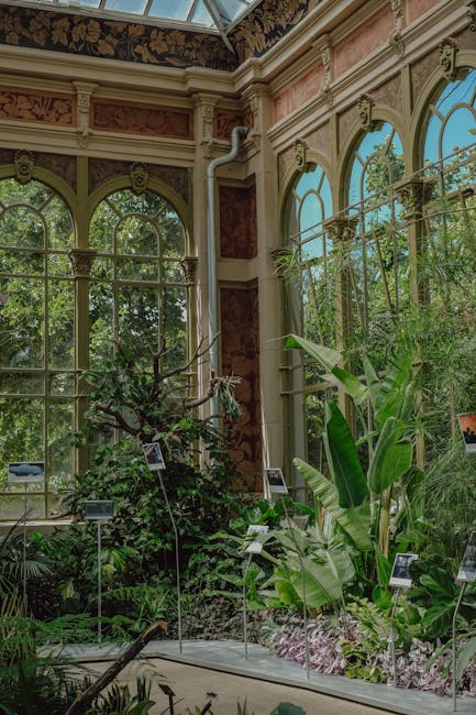 Gewächshaus mit großen Bogenfenstern und tropischen Pflanzen im botanischen Garten von Trient